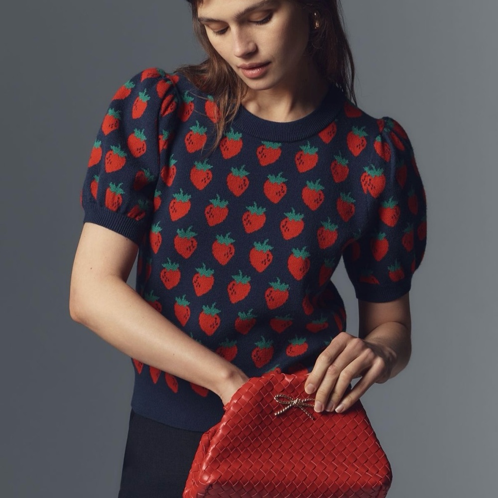 Anthropologie Maeve Strawberry Patterned Maxine Puff Sleeve Sweater Tee
